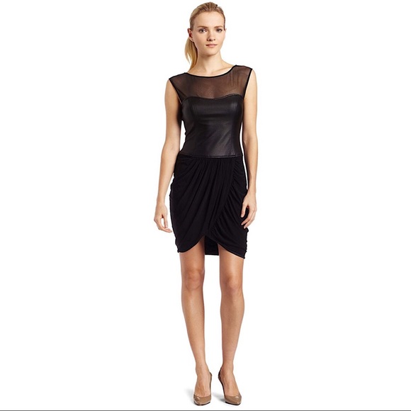 BCBG Black Leather and Mesh Contrast Drape Dress